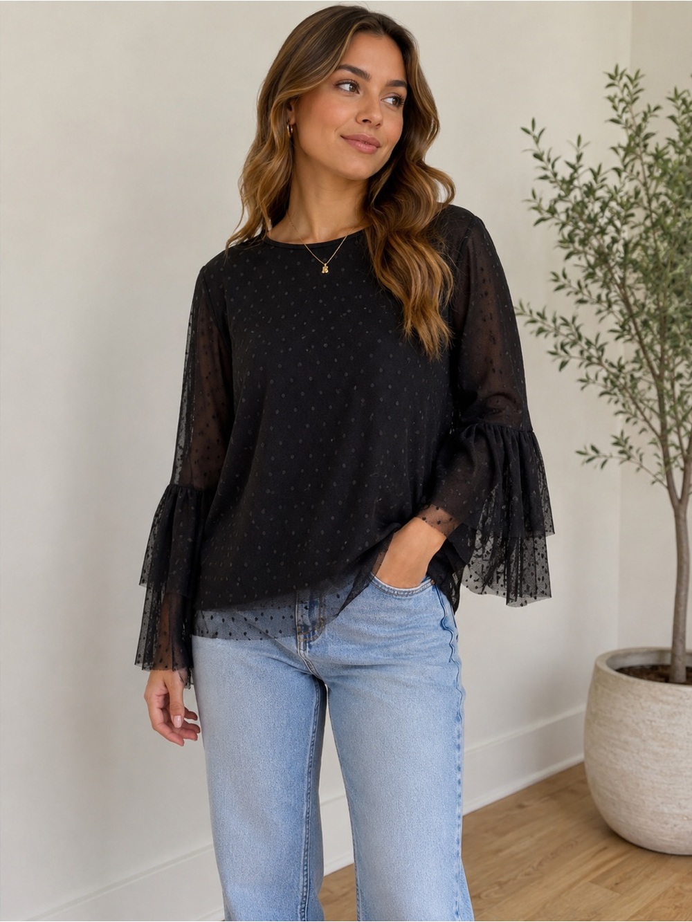 pebble and stone Black Sheer Dot Ruffle Sleeve Blouse